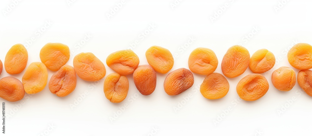 Poster A white background with a top view of dried apricots arranged in a neat line leaving a copy space for your text
