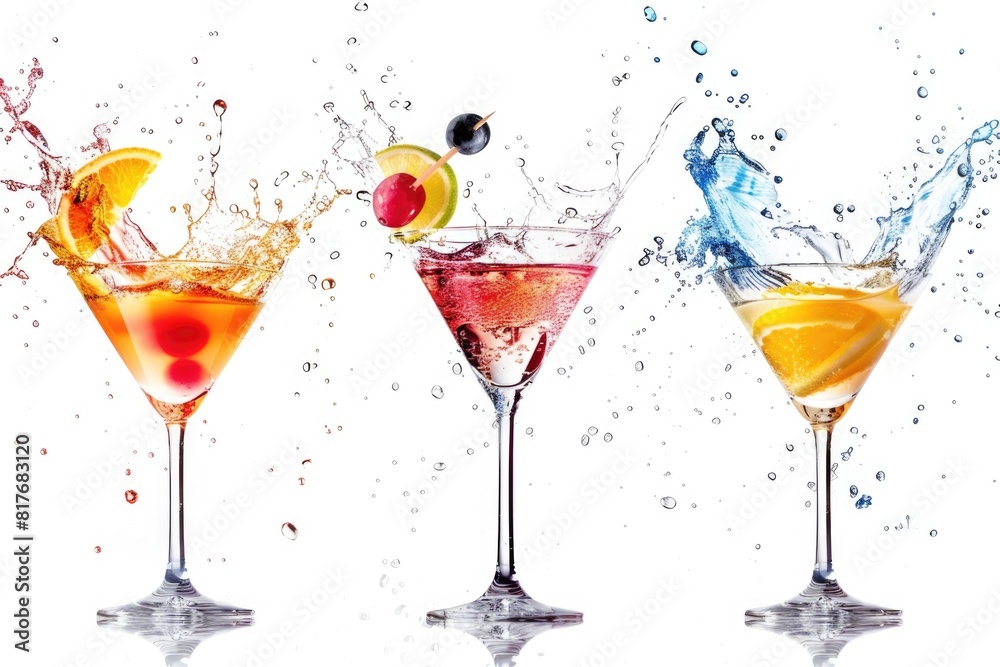Poster vibrant image of three different colored drinks in cocktail glasses. perfect for bar menus or party 