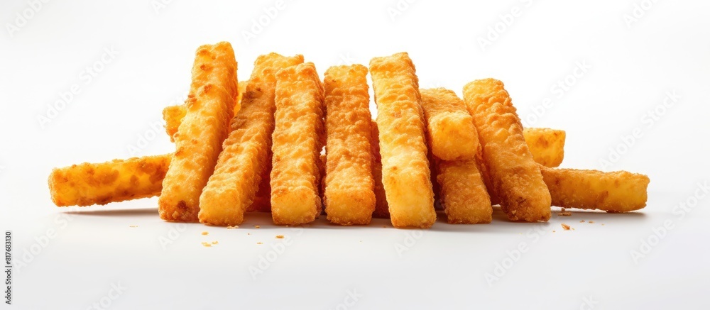 Poster A close up view of crispy cheese stick bites on a white background with copy space for additional images or text