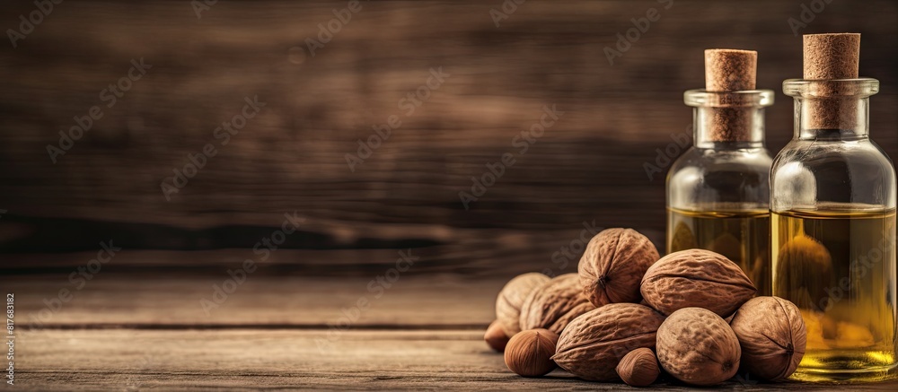 Aufkleber Closeup copy space image of a bottle of nutmeg oil and nuts arranged on a rustic wooden table providing ample room for adding text