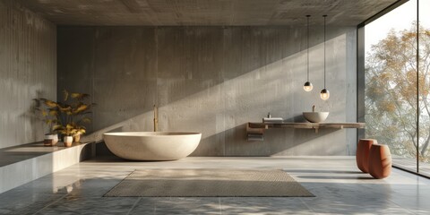 A modern bathroom with large windows letting in natural light, showcasing a spacious tub