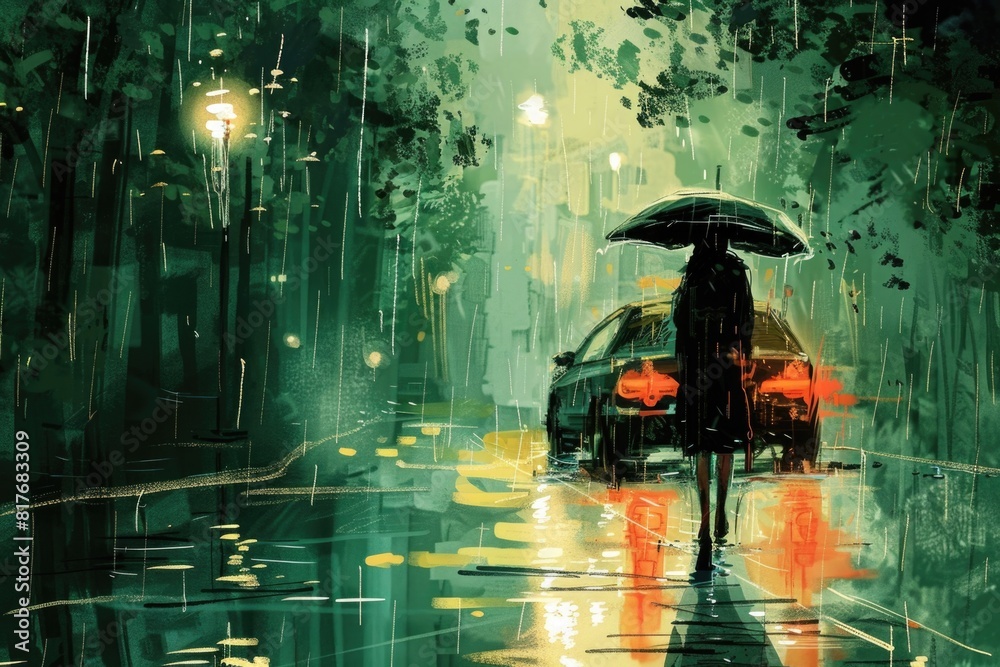 Poster A person walking in the rain with an umbrella. Suitable for weather-related concepts