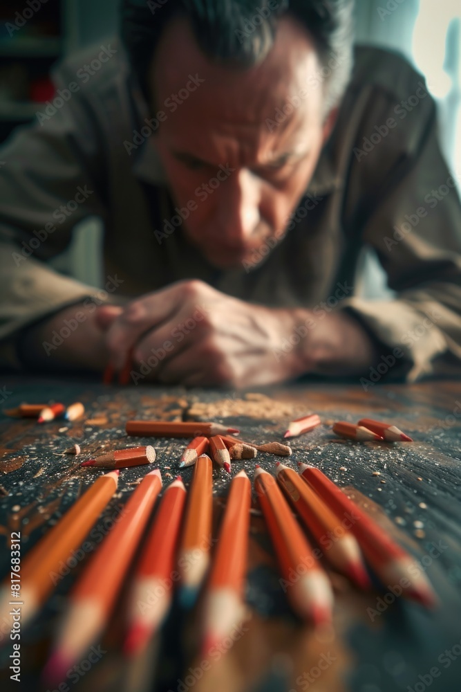 Poster a man sitting at a table with a variety of colored pencils. ideal for creative projects