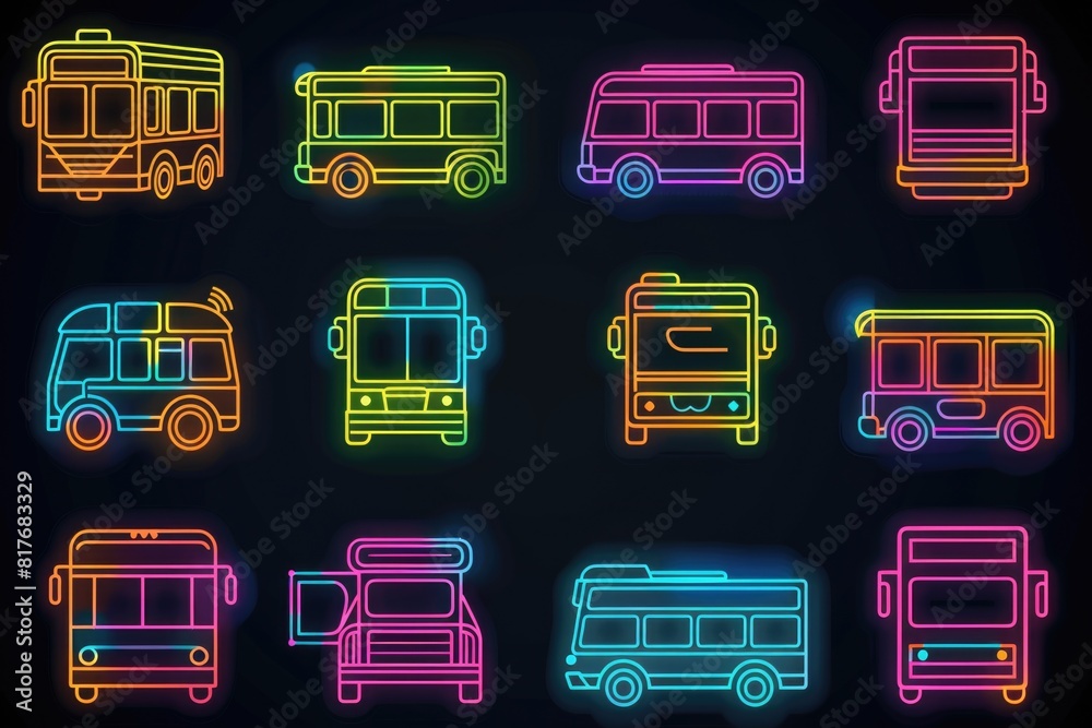 Poster Neon bus icons set on a dark background. Suitable for transportation concepts