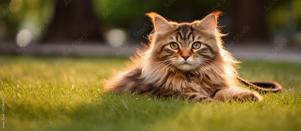 Poster A cute young Siberian cat lies on a carpet with a small orange ball creating a perfect setting for a copy space image