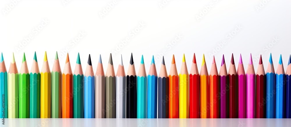 Poster Colorful pencils create a blurred pattern isolated on a white background providing ample copy space image