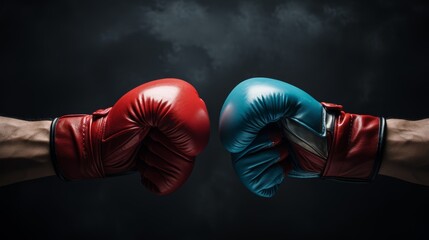 The image shows two boxing gloves, one red and one blue, facing each other on a dark background.