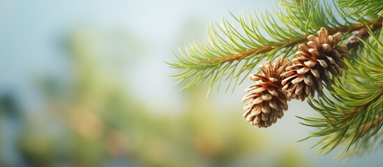 Fototapeta premium Close up of a European Larch sprig Larix decidua with pine cones against a blurred background with copy space image on the right