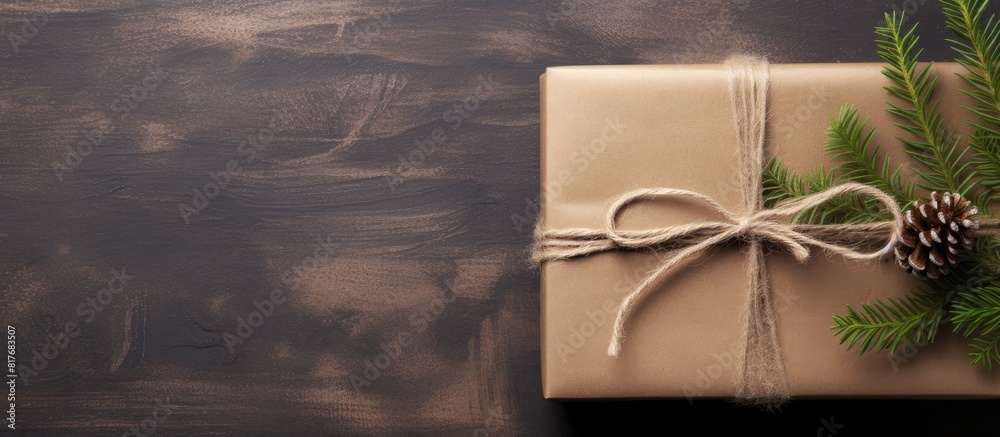 Poster Gift packaging with kraft paper jute cord and pine twigs arranged in a top view flat lay creating a visually pleasing copy space image