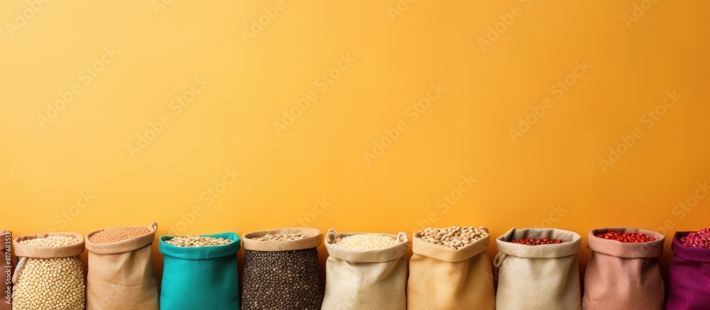 Aufkleber colorful background with bags containing oat groats and a notebook providing ample copy space for fu