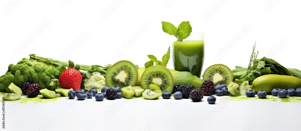 Poster On a white background there is a copy space image featuring a green smoothie and its various ingredients