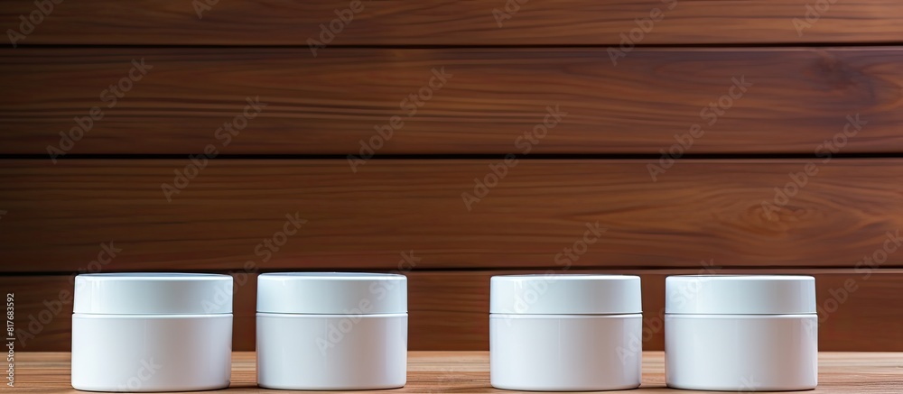 Aufkleber clean white plastic containers are arranged on a brown wooden table creating a pristine setting with
