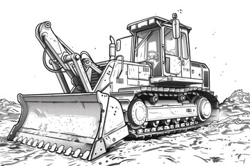 Detailed black and white sketch of a bulldozer, perfect for construction projects