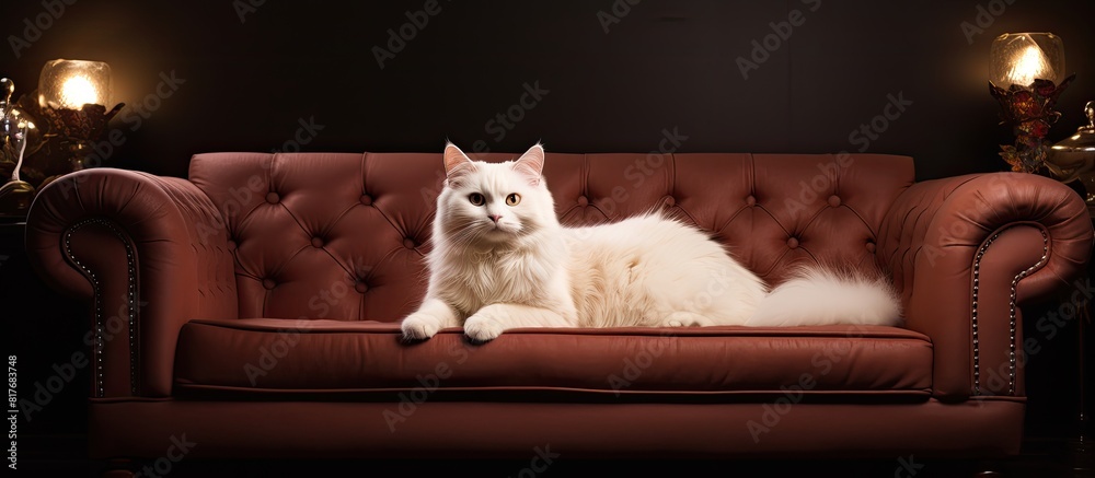 Poster a white cat is gracefully perched on a cozy chocolate hued couch creating an ideal composition for a