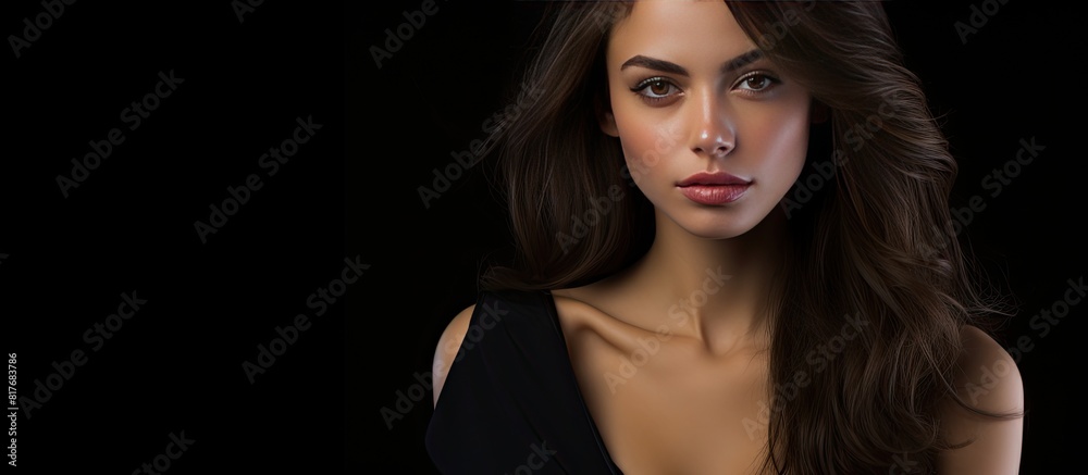 Poster brunette fashion model posing on black background with copy space image