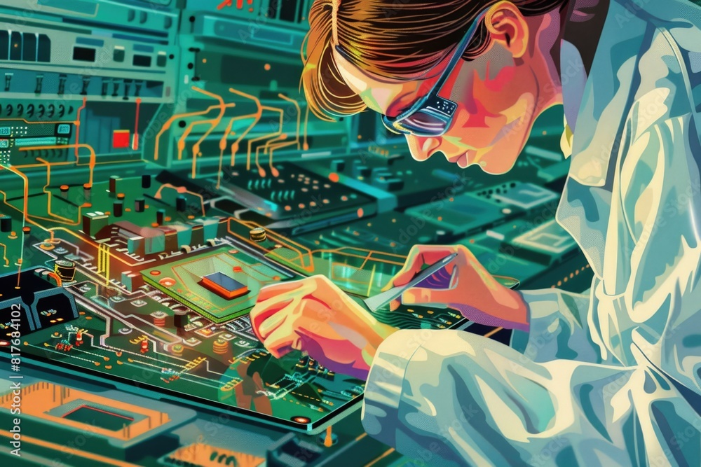 Aufkleber A man in a lab coat carefully working on a circuit board. Suitable for technology and engineering concepts