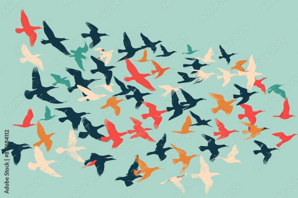 Poster A flock of birds soaring through the sky. Suitable for nature and freedom concepts