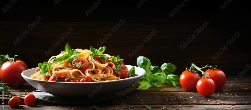 Poster a healthy vegetarian spaghetti dish featuring fresh tomatoes and parsley placed on a rustic wooden t