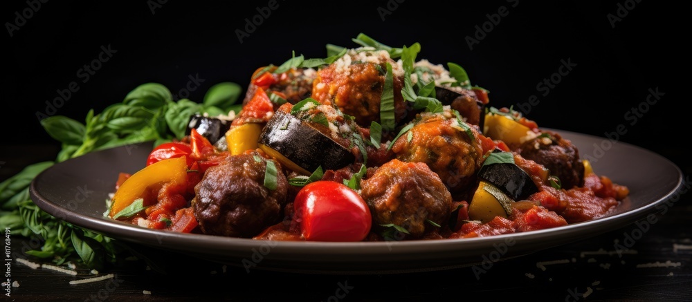 Aufkleber a healthy vegetarian ratatouille complemented by meatballs presented in a visually appealing copy sp