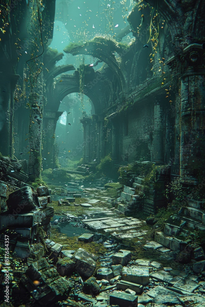 Poster a stone path in an old building with moss growing on the walls. suitable for architectural and histo