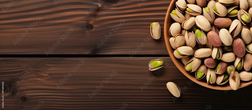 Aufkleber a bowl of organic pistachio nuts resting on a wooden table arranged in a flat lay composition provid