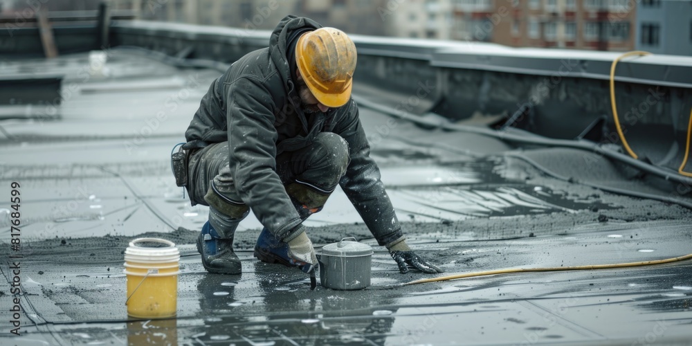 Poster a man working on a roof on a rainy day. suitable for construction or weather-related concepts
