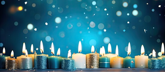 Happy birthday greetings for a 13 year old featuring lit candles and festive decorations on a beautiful blue background Copy space image