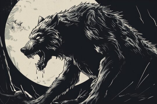 A black and white drawing of a werewolf in front of a full moon. Suitable for Halloween designs
