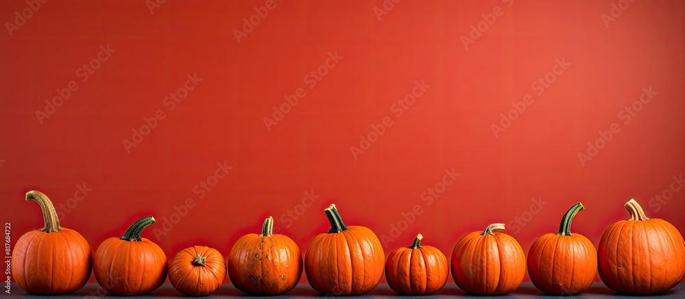 Aufkleber a copy space image featuring small pumpkins arranged on a vibrant red surface