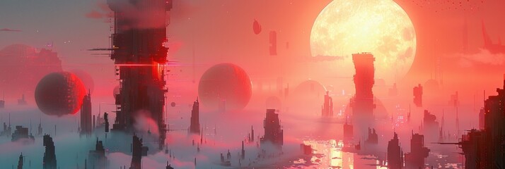 A futuristic cityscape with tall buildings and advanced architecture, with a red sun setting in the distance