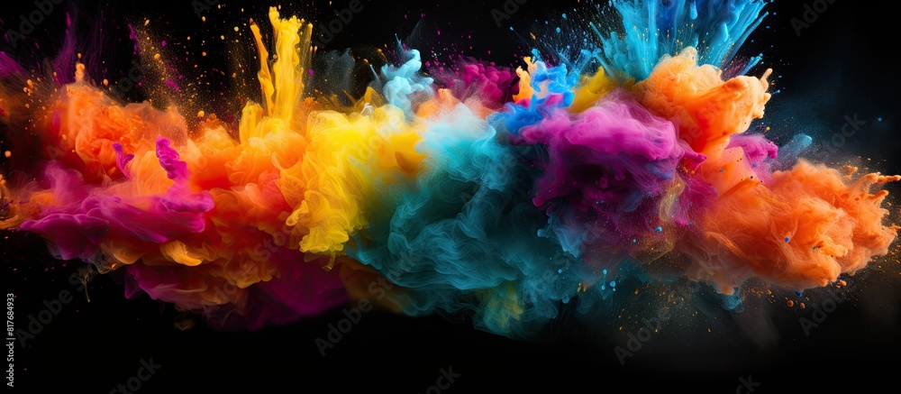 Poster A colorful powder explosion captured in a freeze frame on a black background forming an abstract and splattered copy space image