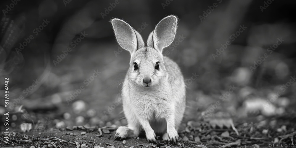Poster a cute small rabbit captured in black and white. suitable for various design projects