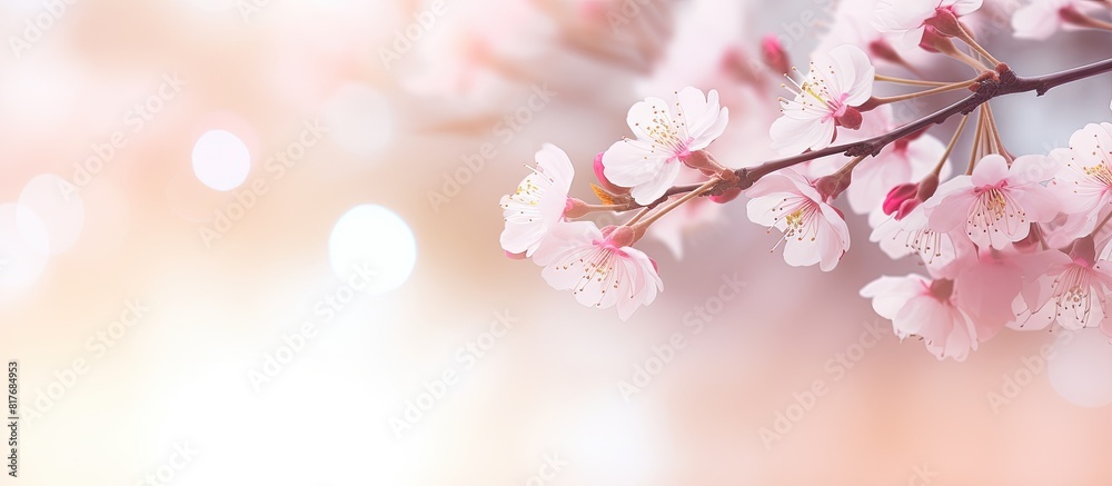 Poster soft pastel toned card featuring a beautiful springtime cherry blossom with bokeh background for cop