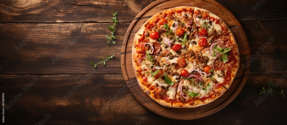 Aufkleber A view from above showcasing a delicious pizza placed on a wooden table in a cozy cafe with ample copy space for an image