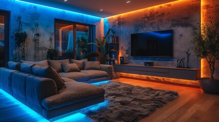 A chic basement hideaway with customizable LED strips, furnished with a plush sofa and a high-definition TV for binge-watching favorite