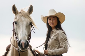 Fototapeta premium Medium shot of a cowgirl with her horse in a serene outdoor setting