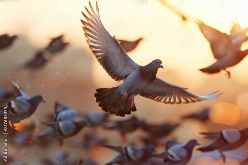 Poster a flock of pigeons flying in the sky, suitable for various projects