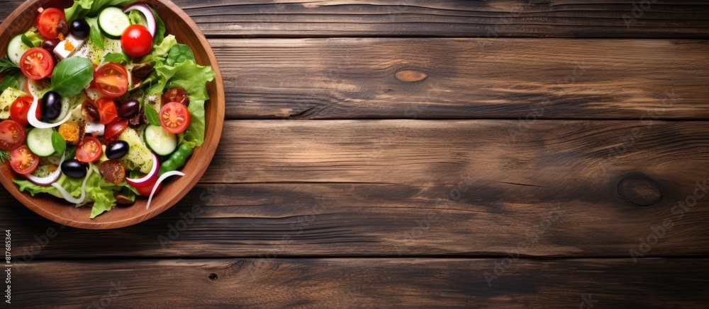 Poster From an above perspective there is a copy space image showcasing a delicious and nutritious salad placed on a wooden table