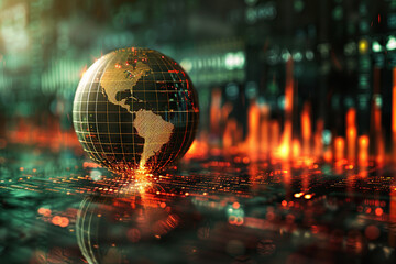 An image of a model of the globe on a blurred background of graphs and charts. World economic crisis concept.