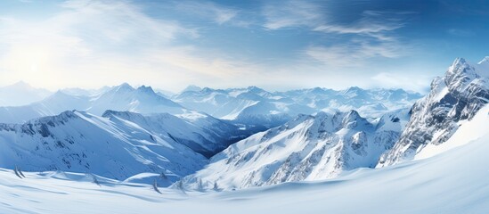 A breathtaking snowy landscape with majestic mountains in the wintertime providing a picturesque and serene copy space image
