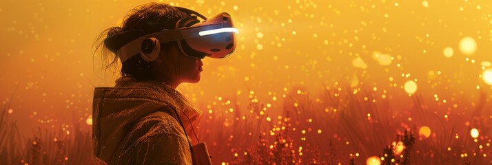 Person wearing virtual reality headset in front of flickering fire