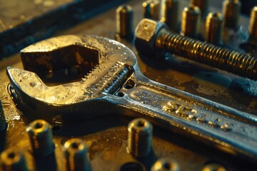 Close up of a wrench and screws on a table. Suitable for hardware and construction concepts