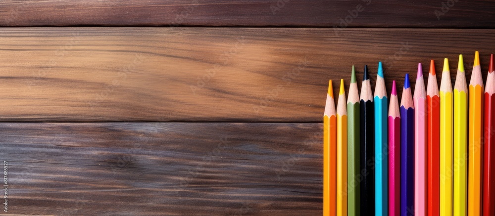 Poster a colorful arrangement of pencils on a wooden background creating a back to school theme with copy s
