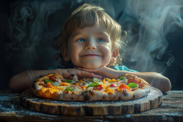 A happy young child with curly hair, smiling broadly as they enjoy a fresh, colorful pizza in a cozy setting. 