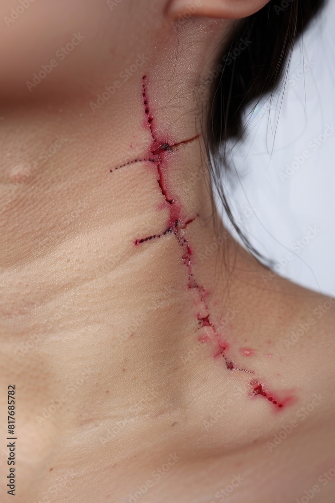 Poster close up of a person with a visible wound on their neck. suitable for medical or injury-related conc
