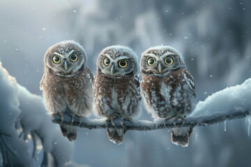 Three owls perched on a snowy branch, perfect for winter-themed designs