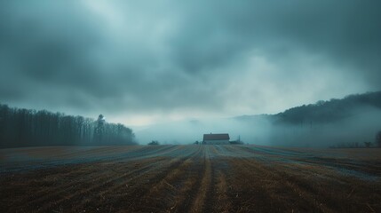 Misty Rural Road at Dawn,A foggy rural road lined with trees and fields at dawn, creating a serene and mysterious atmosphere.

