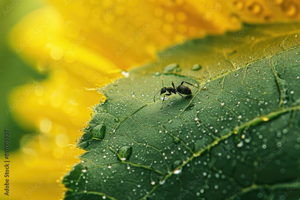 Poster a bug sitting on top of a green leaf. suitable for nature and insect themes