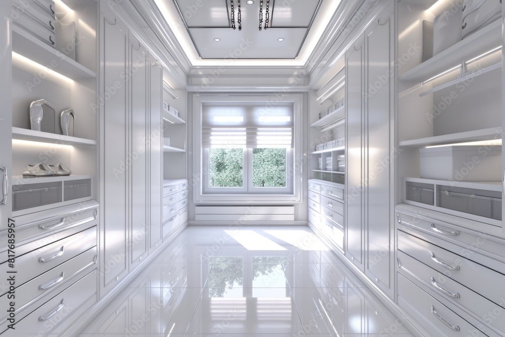Poster a large white room filled with multiple drawers. ideal for interior design concepts