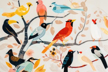 Group of birds resting on tree branches, suitable for nature themes